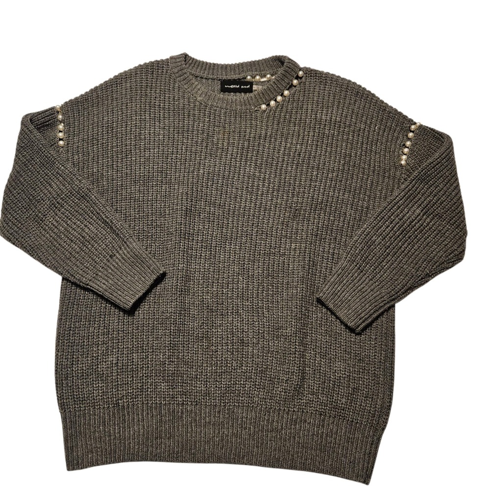 Mustard Seed Womens Gray Pearl Embellished Long Sleeve Knit Sweater Size M